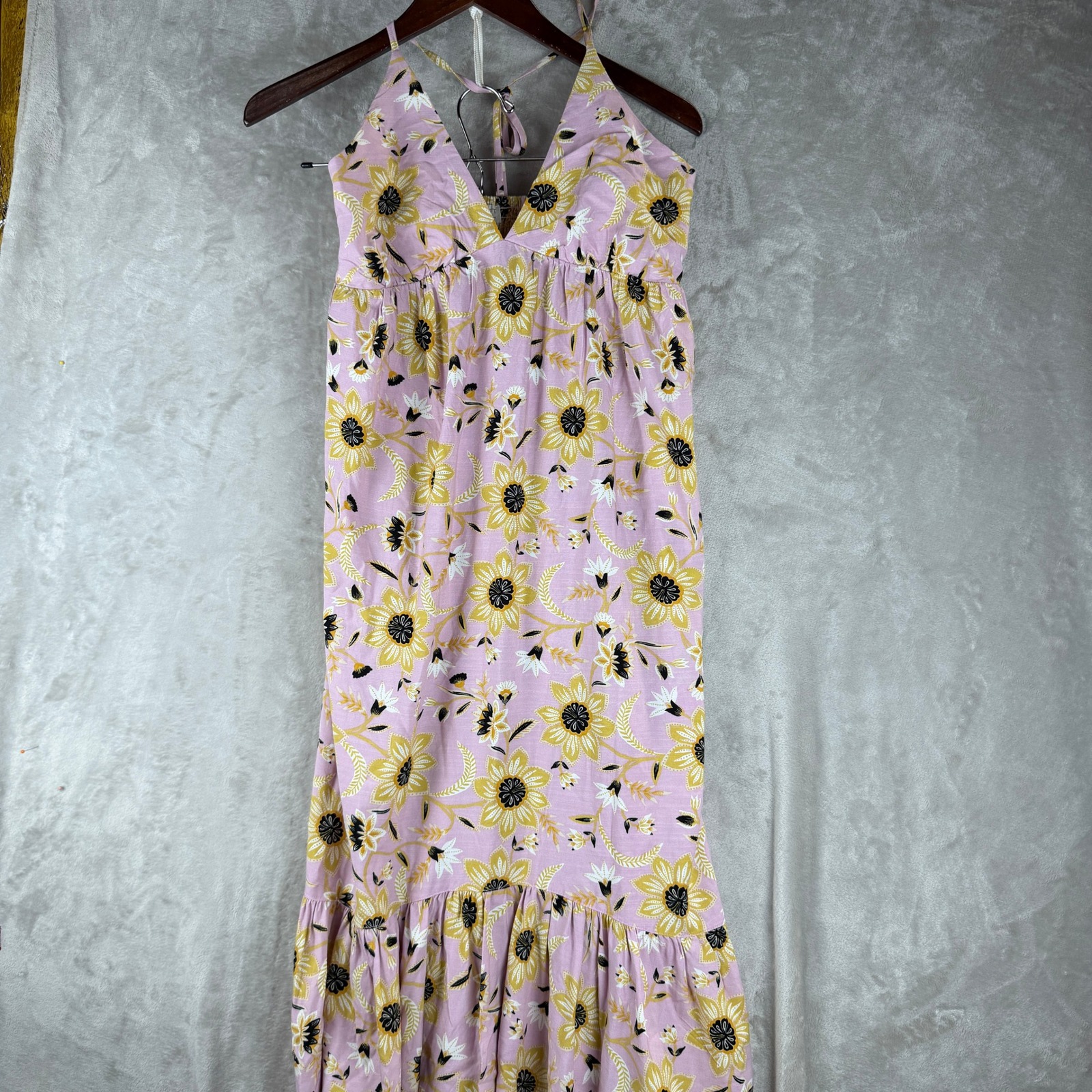 Loft Beach Floral Halter Maxi Dress Pink Yellow Smocked Back Tiered Hem Xs